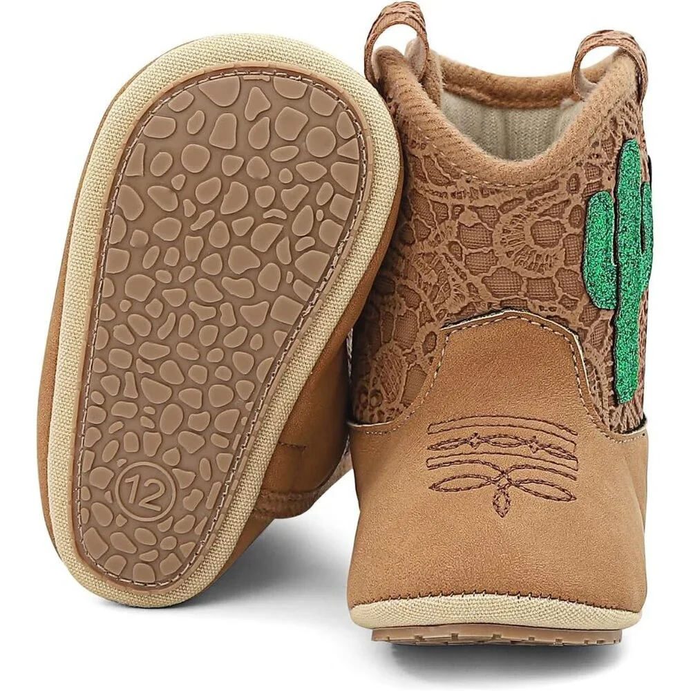Infant Toddler Khaki Cacti Faux Leather Western Rubber Sole Tassel Booties